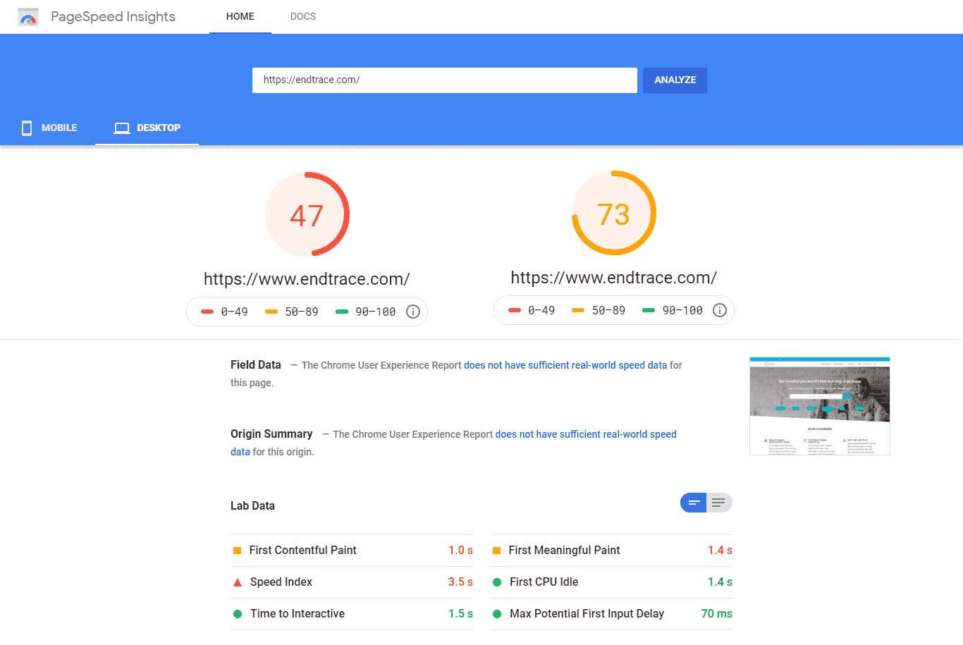 website performance score on mobile and Desktop